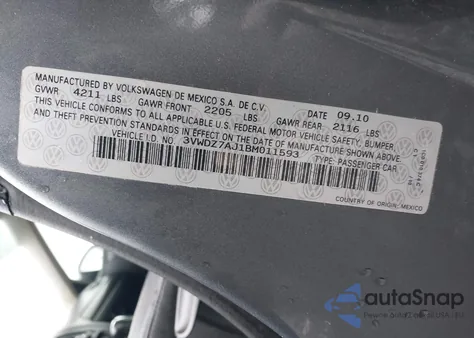 2011 Volkswagen Jetta 2.5L Se из США, поврежденный, VIN 3VWDZ7AJ1BM011593